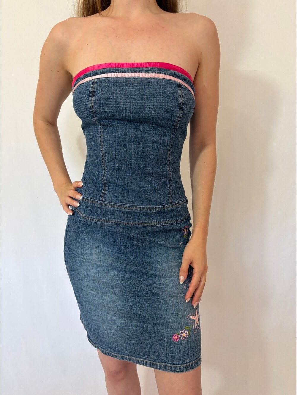 Denim Strapless Y2k Embroidered Pink Dress